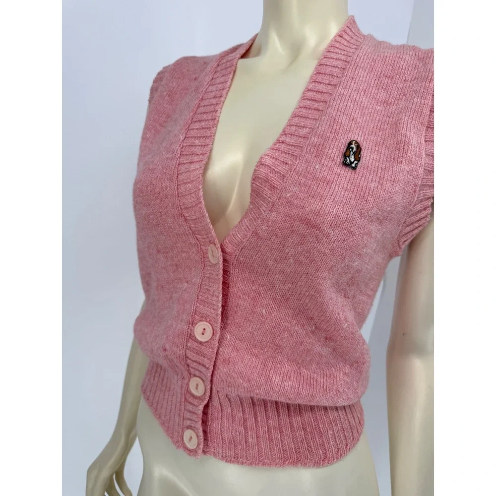 Hush Puppies Pink‎ Knit Button Up Sweater Vest Basset Hound Dog Patch Cardigan